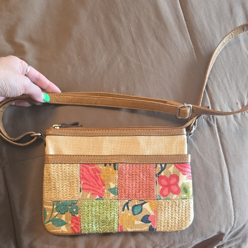 Relic Tan and Green Crossbody Bag with Patchwork Design